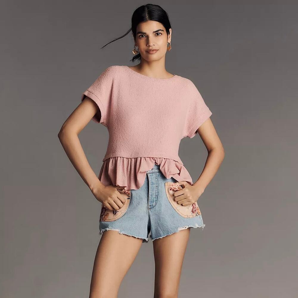 Anthropologie Pilcro Short-Sleeve Sweater Twofer Top in "Maeve Dust" Size XS